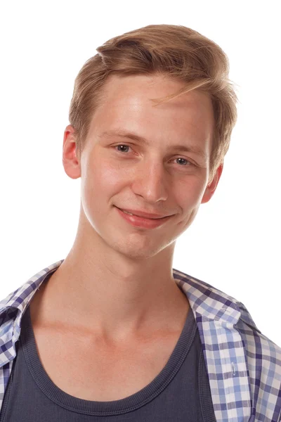 Young happy looking up man close up portrait. — Stock Photo, Image