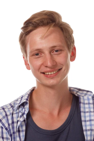 Young happy looking up man close up portrait. — Stock Photo, Image