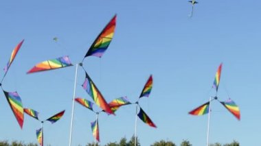 Fırıldak yel değirmeni bir sopa üzerinde mavi gökyüzü arka plan üzerinde dönen 3 farklı renkte kanatları ile.