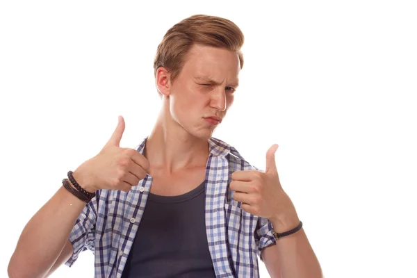 Человек в клетчатой рубашке жестом ОК знак на белом фоне — стоковое фото