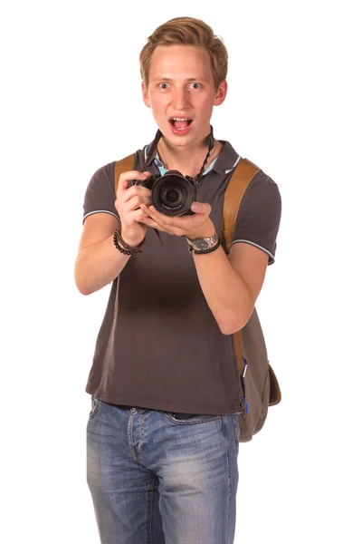 Jonge paparazzi met camera — Stockfoto