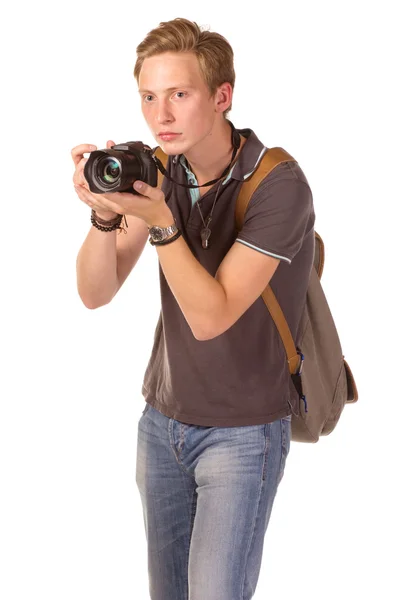 Młody paparazzi z aparatu — Zdjęcie stockowe