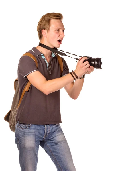 Jonge paparazzi met camera Stockfoto