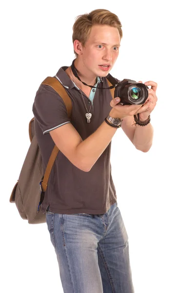 Jonge paparazzi met camera — Stockfoto
