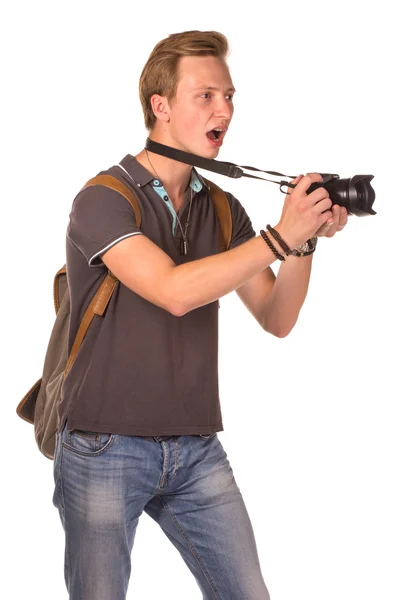 Young paparazzi with camera — Stock Photo, Image