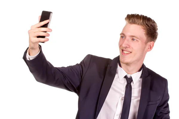 Glad affärsman med smart hone. — Stockfoto