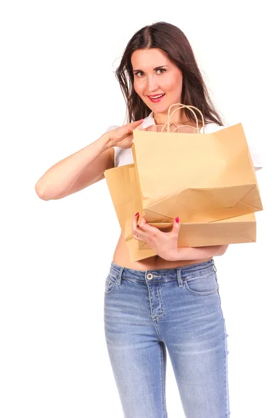 Picture of lovely brunette woman with shopping bag. — Stock Photo, Image