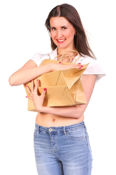 Gambar wanita berambut cokelat cantik dengan tas belanja . — Stok Foto
