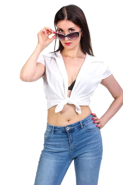 Güneş gözlüklü esmer moda portre — Stok fotoğraf