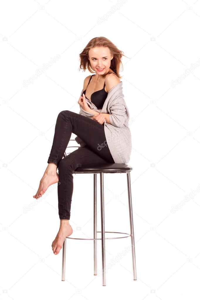 Portrait Of Pretty Women In Studio Sitting On A Bar Chair Un Portrait Of Pretty Women In Studio Sitting On A Bar Chair Underwear White Background