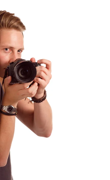 Retrato de primer plano de un joven tomando una foto de la esquina — Foto de Stock