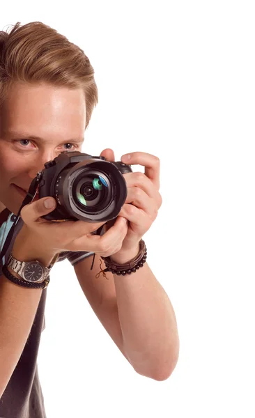 Retrato de primer plano de un joven tomando una foto de la esquina — Foto de Stock