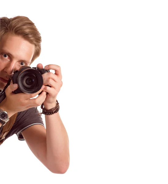 Retrato de primer plano de un joven tomando una foto de la esquina —  Fotos de Stock