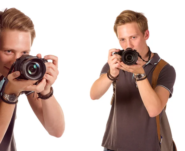 Retrato de close-up de um jovem tirando uma foto de canto — Fotografia de Stock