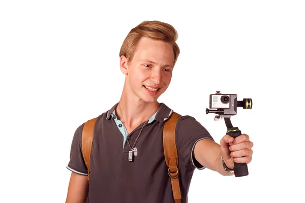 Videógrafo sostiene cámara móvil en gimbal . —  Fotos de Stock