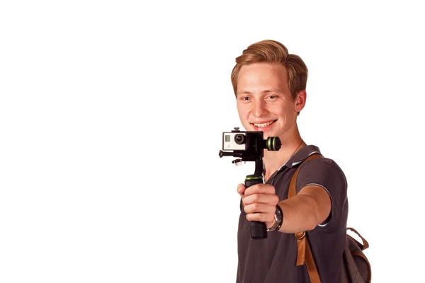 Videograaf houdt mobiele camera op gimbal. — Stockfoto