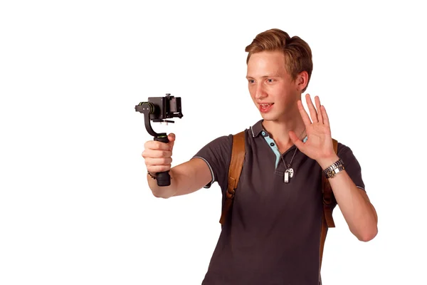 Videofilmer hält Handykamera auf Gimbal. — Stockfoto