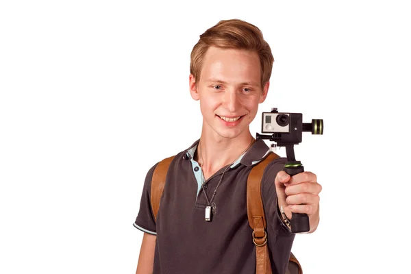 Videographer holds mobile camera on gimbal. — Stock Photo, Image