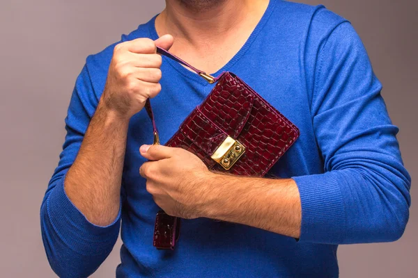 Modern leather bag in hands — Stock Photo, Image