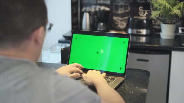 Vista da parte de trás do homem de camisa cinza sentado à mesa e digitando no laptop com tela de tecla croma verde. — Vídeo de Stock