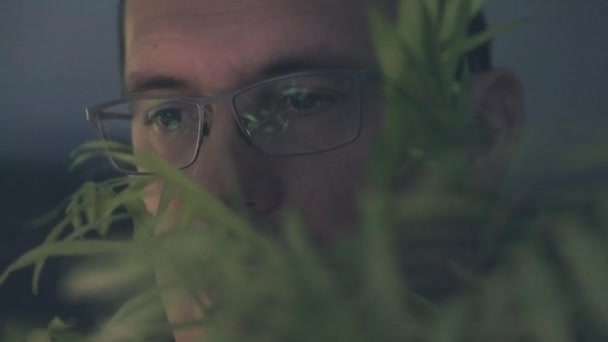 Man kijken naar een horror film knuffelen met een home bloem — Stockvideo