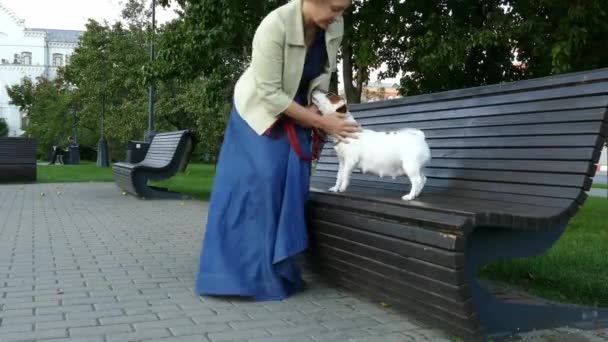 Wanita duduk di taman dengan anjing hamil — Stok Video