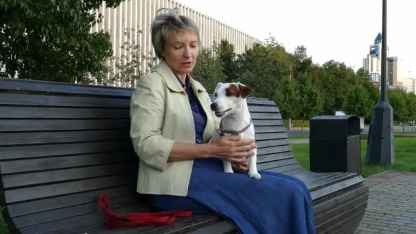 Kvinna sitter i parken med gravid hund — Stockvideo
