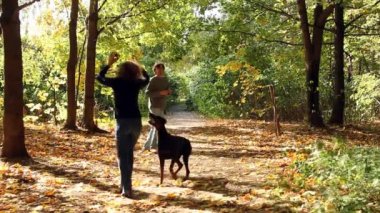Kadın ve erkek köpekle oynamayı