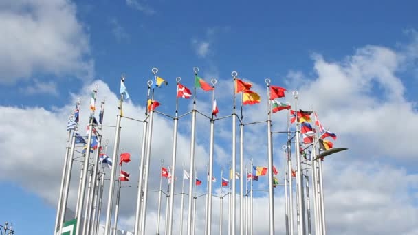 Europeiska flaggor vajande på himlen — Stockvideo