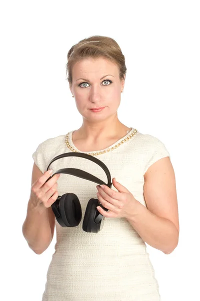 Kobieta z słuchawki — Zdjęcie stockowe