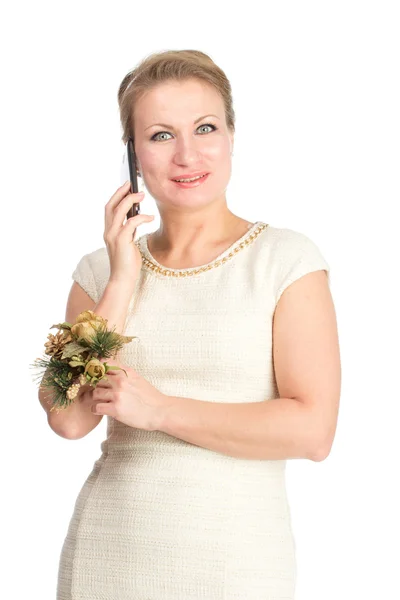Nő fehér ruhában, mobil — Stock Fotó