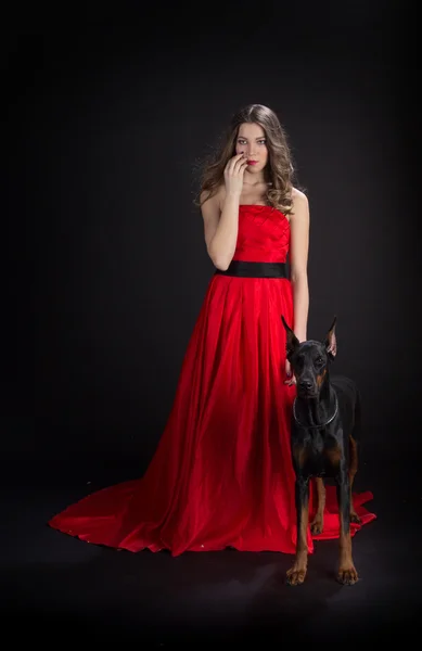 Дама в червоному з Доберманом — стокове фото