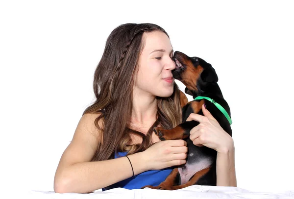 Girl kissing her doberman puppy — Stock Photo, Image