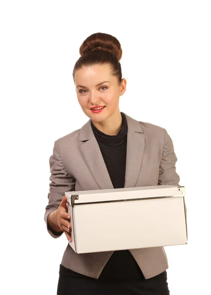 Portrait of pretty woman with box — Stock Photo, Image