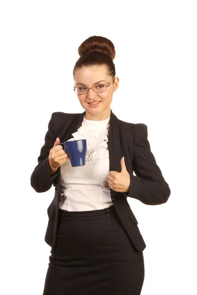 Portret van mooie vrouw met blauw theepot — Stockfoto