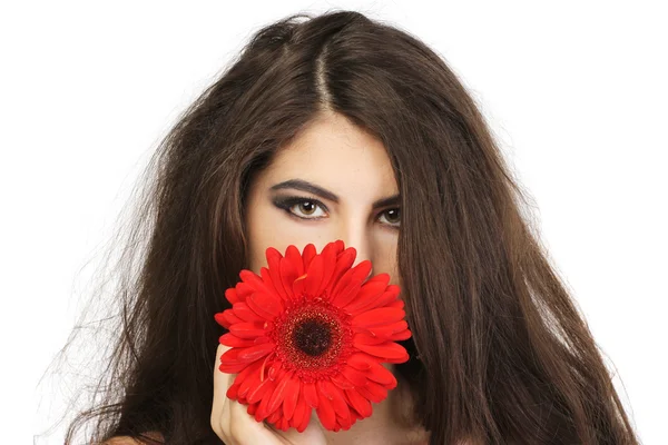 Young beautiful young woman with gerbera — Stock Photo, Image