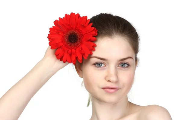 Young beautiful young woman with gerbera — Stock Photo, Image