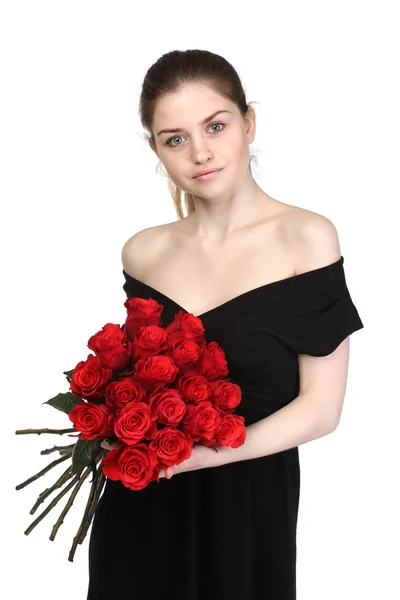 Schönes Mädchen mit einem Satz Rosen — Stockfoto