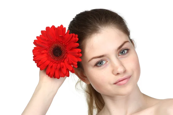 Young beautiful young woman with gerbera — Stock Photo, Image