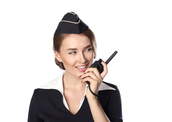 Beautiful smiling stewardess isolated on a white background — Stock Photo, Image