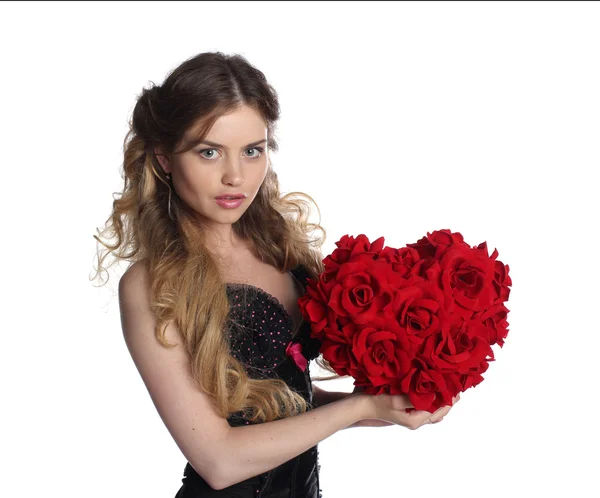 Valentines femme avec grand coeur de fleur . — Photo