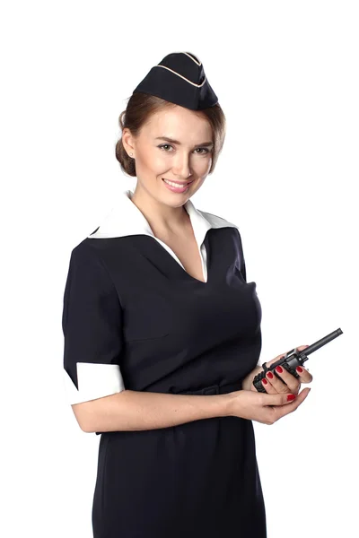 Schöne lächelnde Stewardess mit cb-Radio — Stockfoto