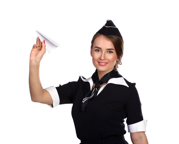 Air hostess with a paper airplane