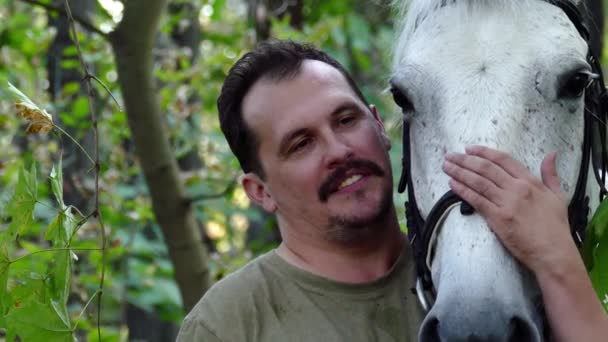 Человек, кормящий свою прекрасную лошадь — стоковое видео