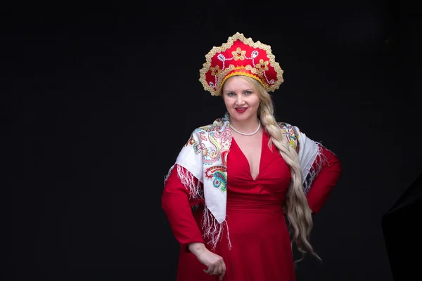 Girl standing in Russian traditional costume. Woman is wearing s — Stock Photo, Image