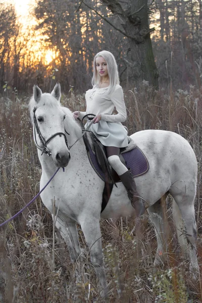 Twee blonde, meisje met een paard — Stockfoto