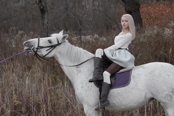 Two blonde, girl with a horse — Stock Photo, Image