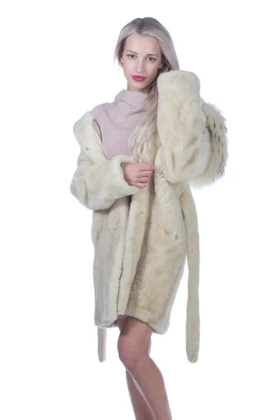 Young Woman Fashion Model dressed in white fur coat — Stock Photo, Image