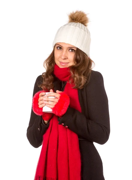 Flicka med kopp te i Santa hatt — Stockfoto