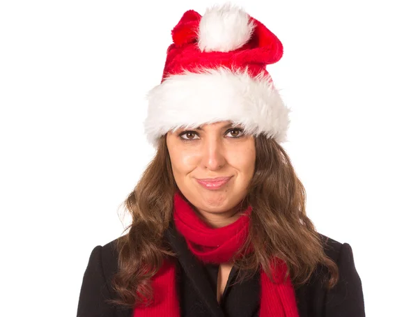 Legrační harry vánoční dívka s červenými nadýchané Santa Hat — Stock fotografie